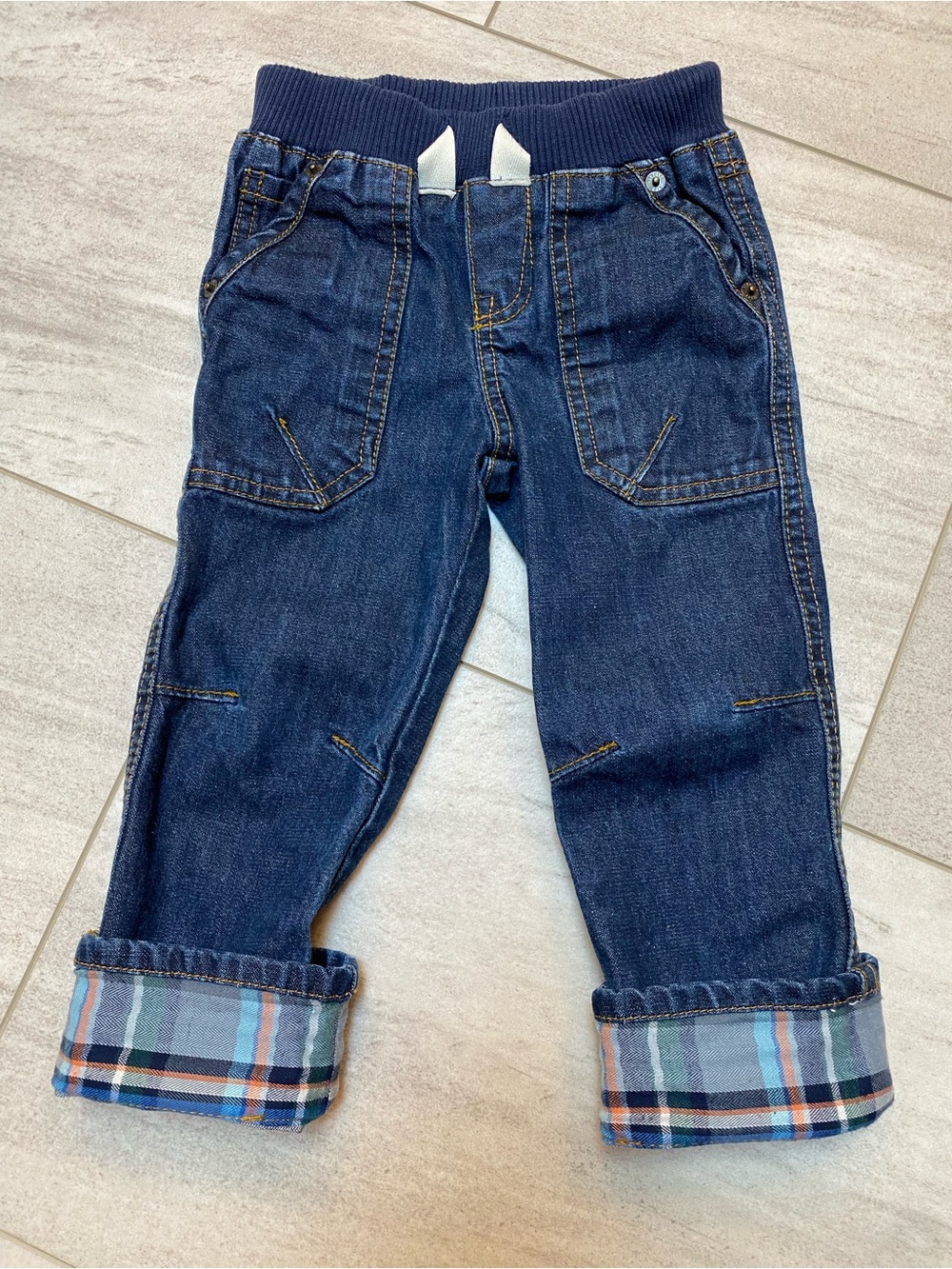 OshKosh B'gosh Navy Denim Pull-On Jeans with Plaid Cuffs Size 2T